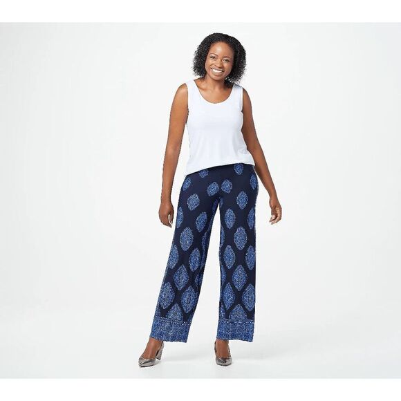 Susan Graver Womens 2X Printed Pants Navy Blue Liquid Knit Wide Leg NWT - Picture 1 of 6